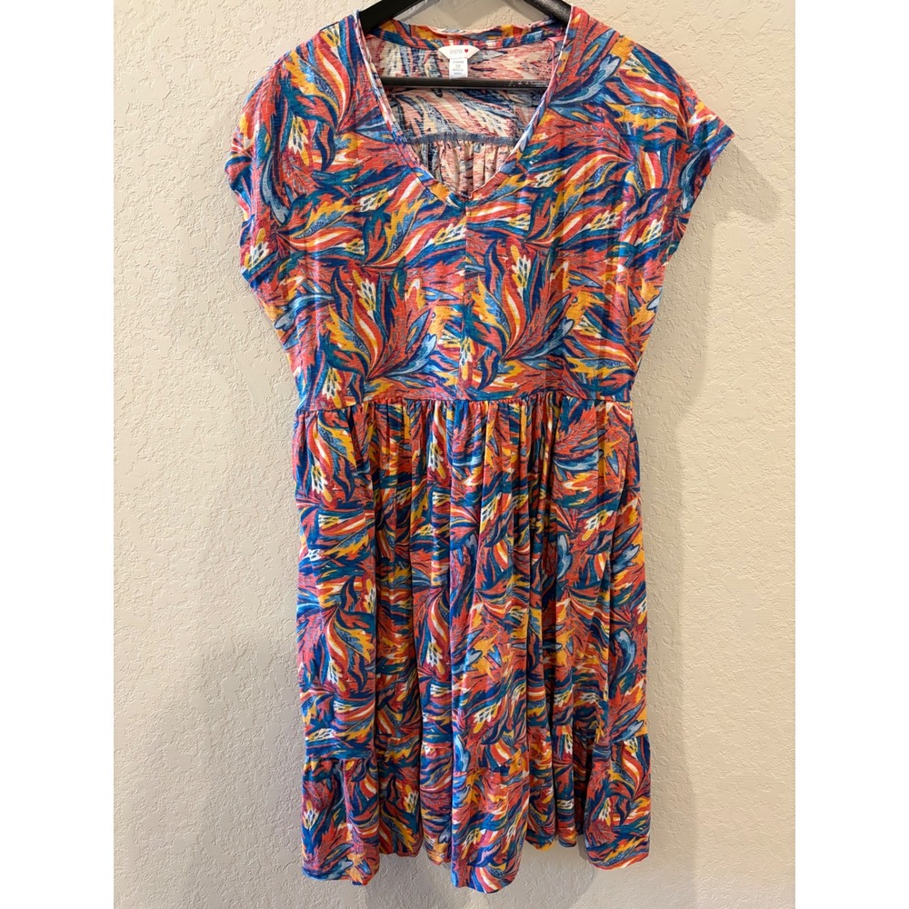 Intro Women 1X Cotton Tropical Leaf Print V-Neck Tiered Midi Dress with Pockets